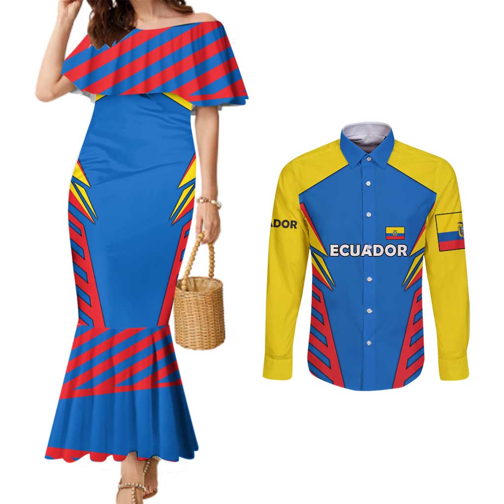 Ecuador Couples Matching Mermaid Dress and Long Sleeve Button Shirt with Coat of Arms and Bold Stripe Design - Wonder Print Shop