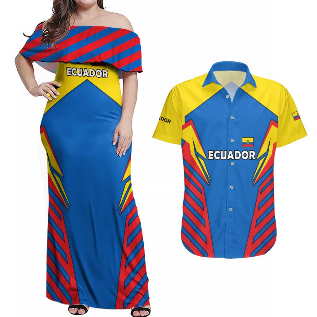 Ecuador Couples Matching Off Shoulder Maxi Dress and Hawaiian Shirt with Coat of Arms and Bold Stripe Design - Wonder Print Shop