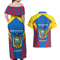 Ecuador Couples Matching Off Shoulder Maxi Dress and Hawaiian Shirt with Coat of Arms and Bold Stripe Design - Wonder Print Shop