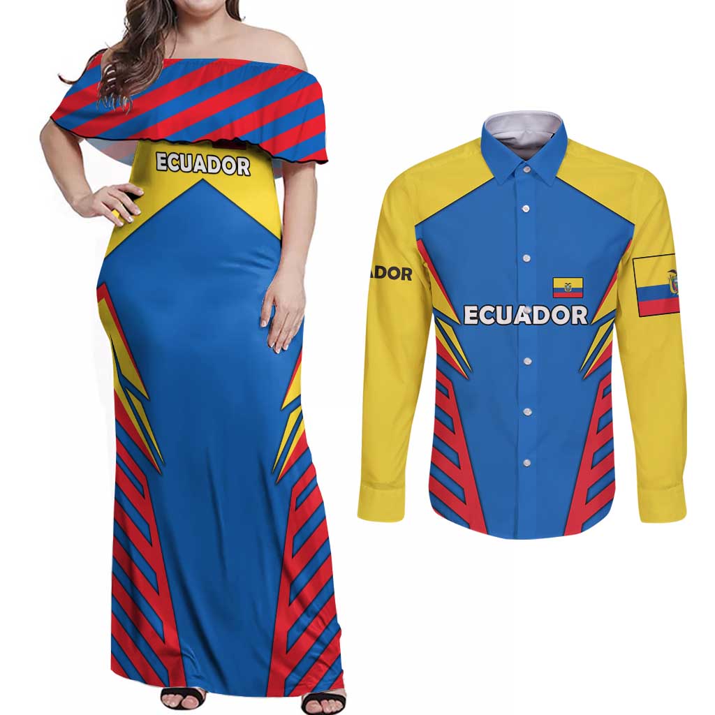 Ecuador Couples Matching Off Shoulder Maxi Dress and Long Sleeve Button Shirt with Coat of Arms and Bold Stripe Design - Wonder Print Shop