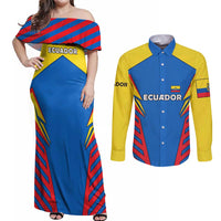 Ecuador Couples Matching Off Shoulder Maxi Dress and Long Sleeve Button Shirt with Coat of Arms and Bold Stripe Design - Wonder Print Shop