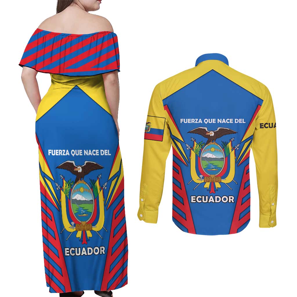 Ecuador Couples Matching Off Shoulder Maxi Dress and Long Sleeve Button Shirt with Coat of Arms and Bold Stripe Design - Wonder Print Shop
