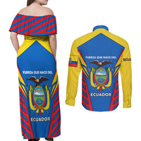 Ecuador Couples Matching Off Shoulder Maxi Dress and Long Sleeve Button Shirt with Coat of Arms and Bold Stripe Design - Wonder Print Shop