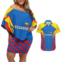 Ecuador Couples Matching Off Shoulder Short Dress and Hawaiian Shirt with Coat of Arms and Bold Stripe Design - Wonder Print Shop
