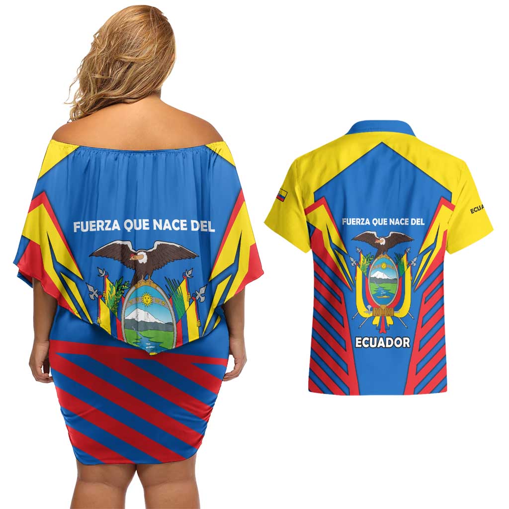 Ecuador Couples Matching Off Shoulder Short Dress and Hawaiian Shirt with Coat of Arms and Bold Stripe Design - Wonder Print Shop