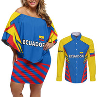 Ecuador Couples Matching Off Shoulder Short Dress and Long Sleeve Button Shirt with Coat of Arms and Bold Stripe Design - Wonder Print Shop