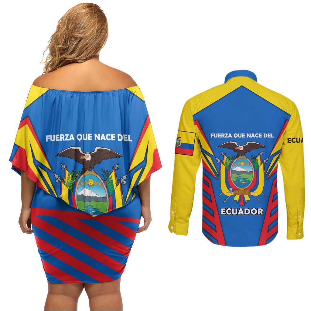 Ecuador Couples Matching Off Shoulder Short Dress and Long Sleeve Button Shirt with Coat of Arms and Bold Stripe Design - Wonder Print Shop