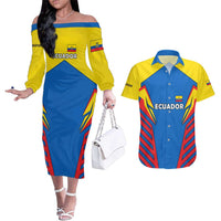 Ecuador Couples Matching Off The Shoulder Long Sleeve Dress and Hawaiian Shirt with Coat of Arms and Bold Stripe Design - Wonder Print Shop