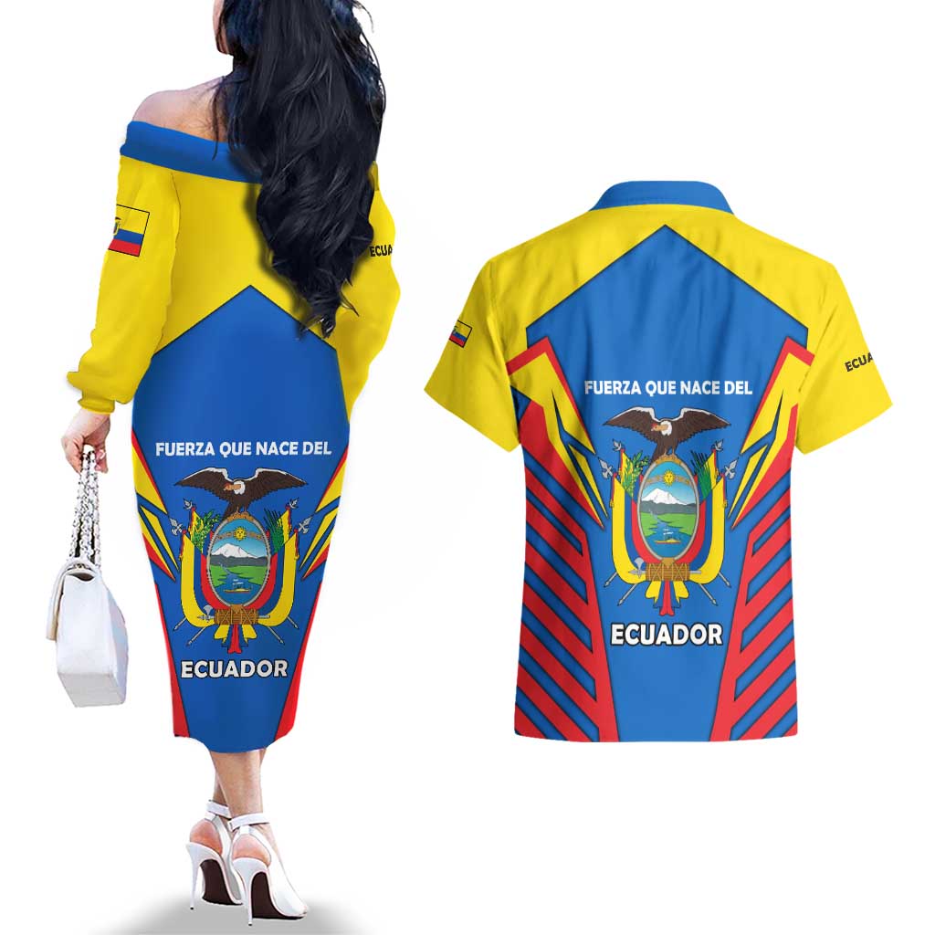 Ecuador Couples Matching Off The Shoulder Long Sleeve Dress and Hawaiian Shirt with Coat of Arms and Bold Stripe Design - Wonder Print Shop