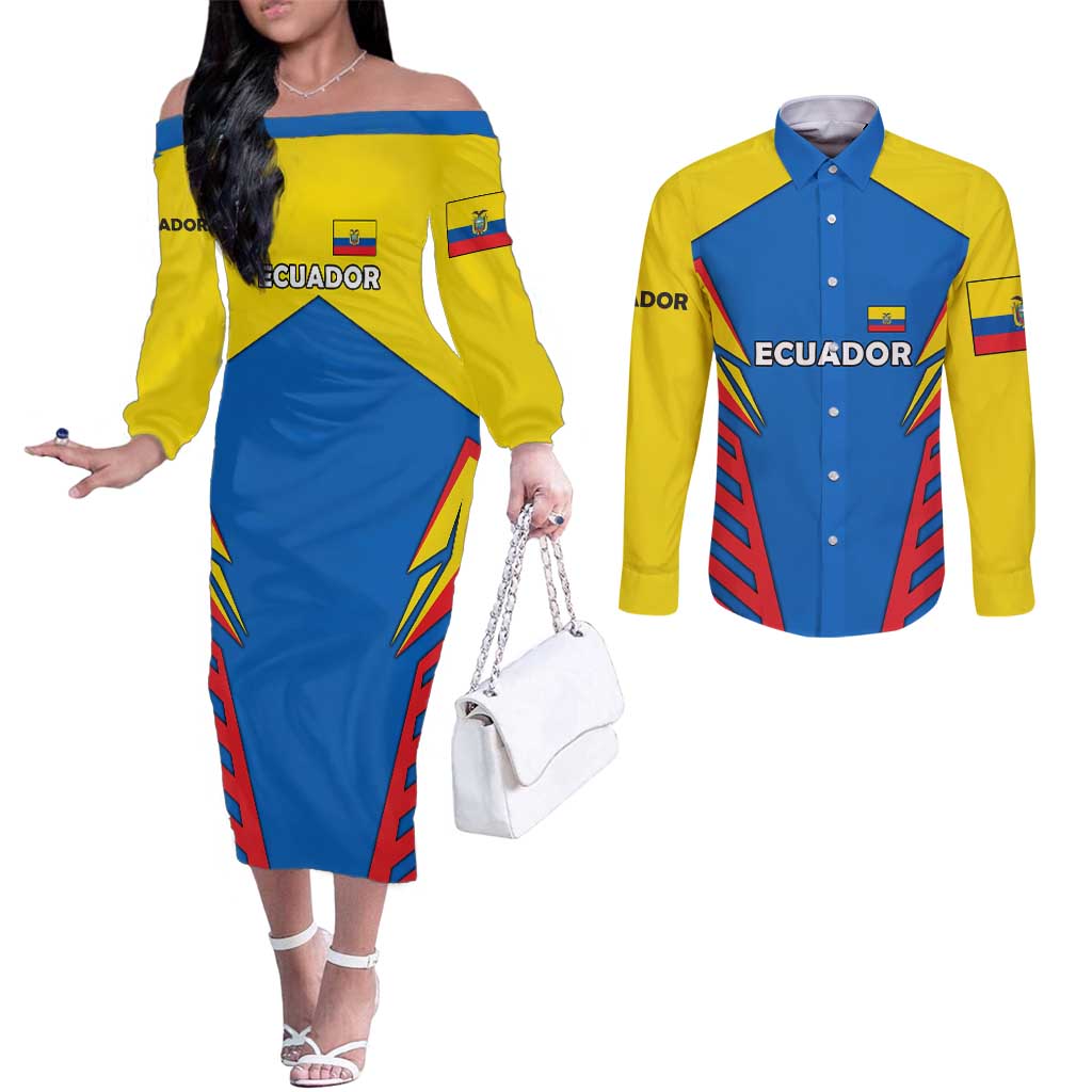 Ecuador Couples Matching Off The Shoulder Long Sleeve Dress and Long Sleeve Button Shirt with Coat of Arms and Bold Stripe Design - Wonder Print Shop