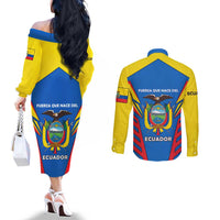 Ecuador Couples Matching Off The Shoulder Long Sleeve Dress and Long Sleeve Button Shirt with Coat of Arms and Bold Stripe Design - Wonder Print Shop