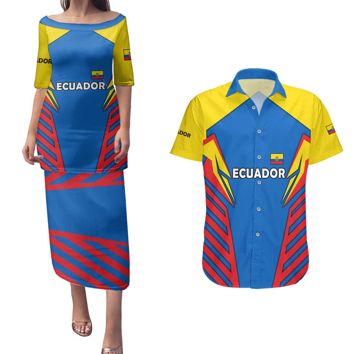 Ecuador Couples Matching Puletasi and Hawaiian Shirt with Coat of Arms and Bold Stripe Design - Wonder Print Shop