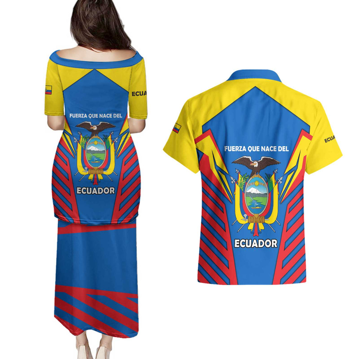 Ecuador Couples Matching Puletasi and Hawaiian Shirt with Coat of Arms and Bold Stripe Design - Wonder Print Shop