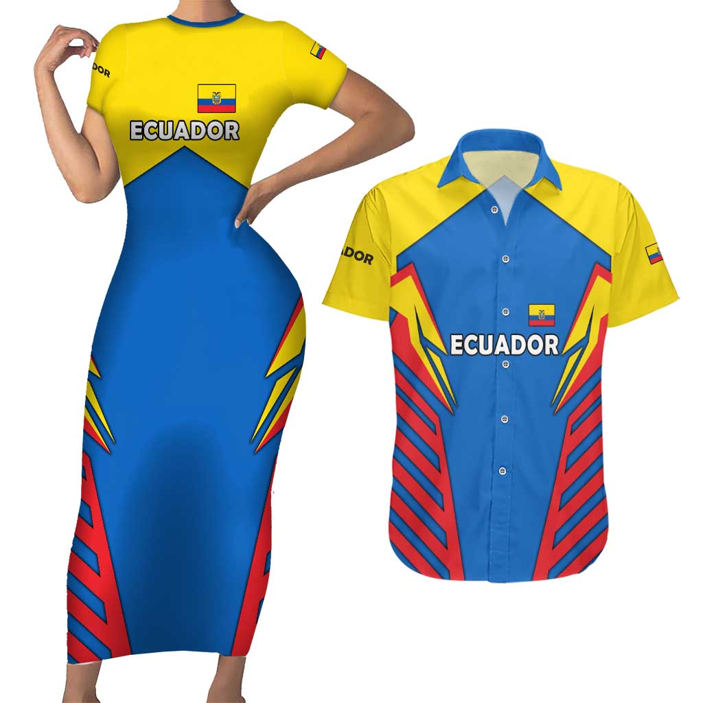 Ecuador Couples Matching Short Sleeve Bodycon Dress and Hawaiian Shirt with Coat of Arms and Bold Stripe Design - Wonder Print Shop