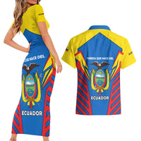 Ecuador Couples Matching Short Sleeve Bodycon Dress and Hawaiian Shirt with Coat of Arms and Bold Stripe Design - Wonder Print Shop