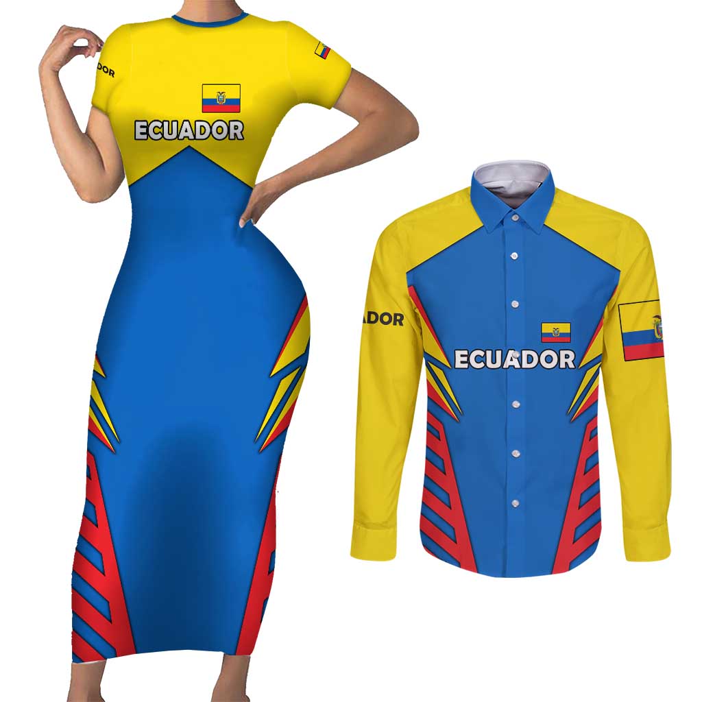 Ecuador Couples Matching Short Sleeve Bodycon Dress and Long Sleeve Button Shirt with Coat of Arms and Bold Stripe Design - Wonder Print Shop