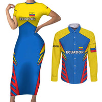 Ecuador Couples Matching Short Sleeve Bodycon Dress and Long Sleeve Button Shirt with Coat of Arms and Bold Stripe Design - Wonder Print Shop