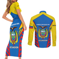Ecuador Couples Matching Short Sleeve Bodycon Dress and Long Sleeve Button Shirt with Coat of Arms and Bold Stripe Design - Wonder Print Shop