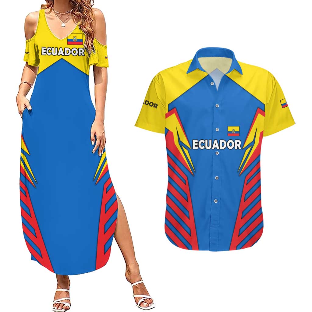 Ecuador Couples Matching Summer Maxi Dress and Hawaiian Shirt with Coat of Arms and Bold Stripe Design - Wonder Print Shop