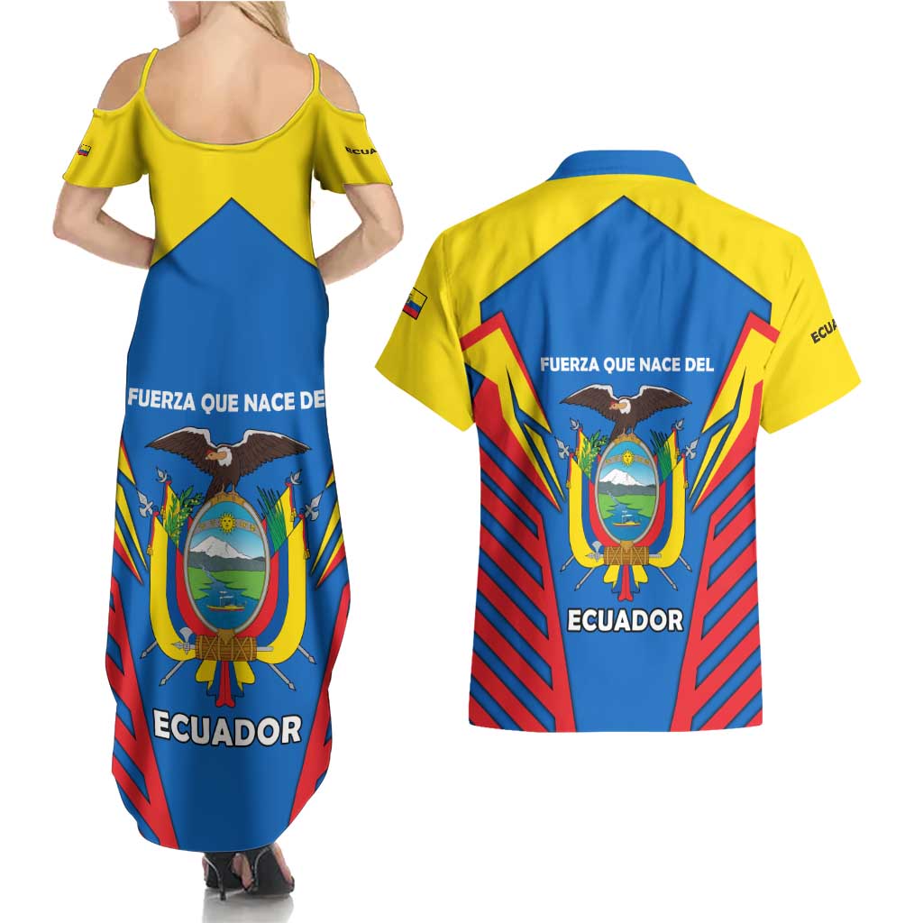 Ecuador Couples Matching Summer Maxi Dress and Hawaiian Shirt with Coat of Arms and Bold Stripe Design - Wonder Print Shop