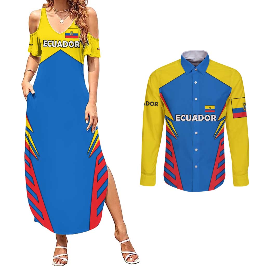 Ecuador Couples Matching Summer Maxi Dress and Long Sleeve Button Shirt with Coat of Arms and Bold Stripe Design - Wonder Print Shop