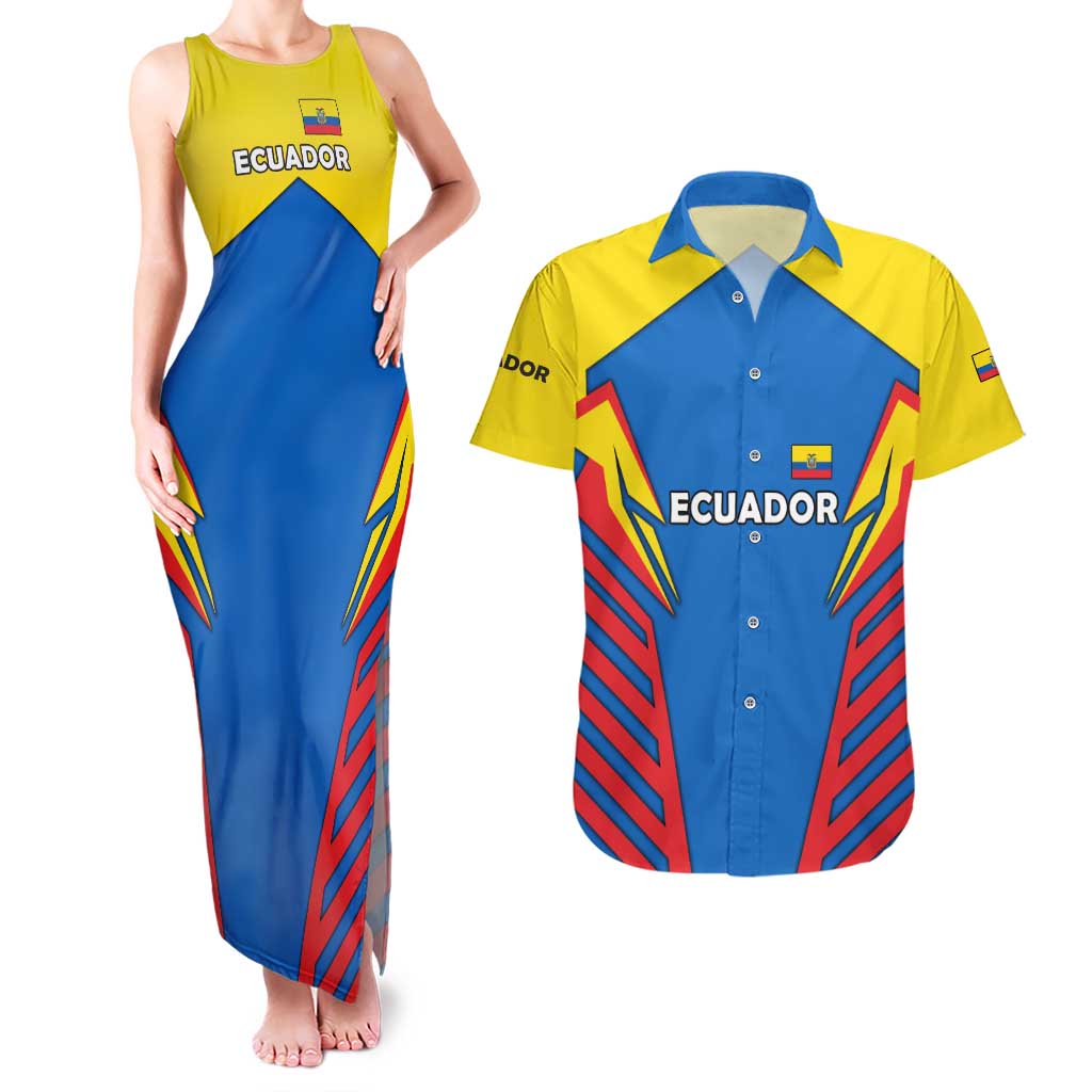 Ecuador Couples Matching Tank Maxi Dress and Hawaiian Shirt with Coat of Arms and Bold Stripe Design - Wonder Print Shop