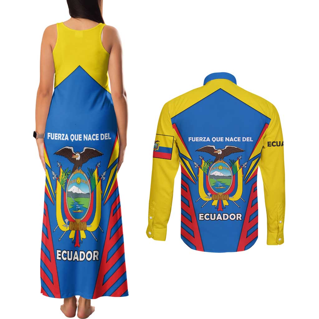 Ecuador Couples Matching Tank Maxi Dress and Long Sleeve Button Shirt with Coat of Arms and Bold Stripe Design - Wonder Print Shop