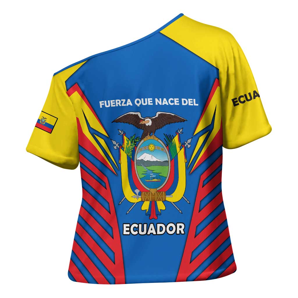 Ecuador Cross Shoulder Shirt with Coat of Arms and Bold Stripe Design - Wonder Print Shop