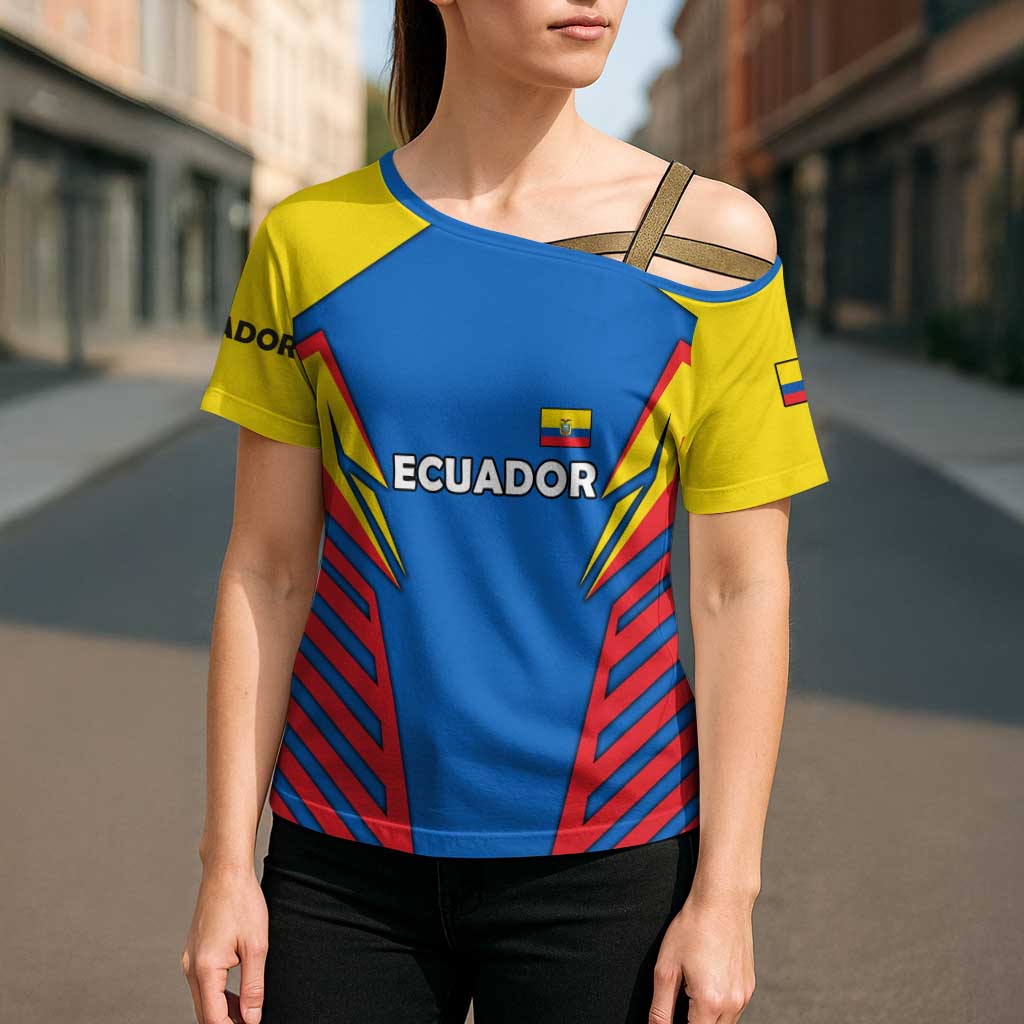 Ecuador Cross Shoulder Shirt with Coat of Arms and Bold Stripe Design - Wonder Print Shop