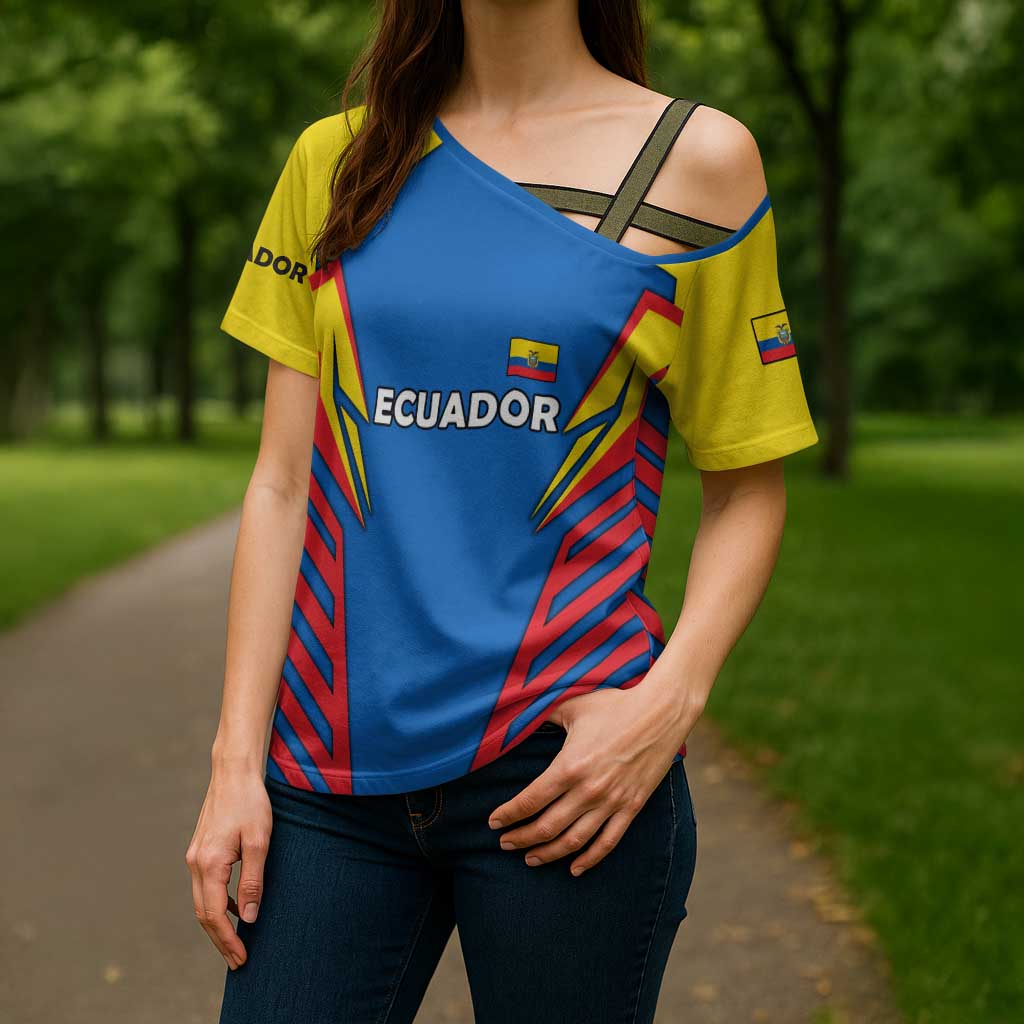 Ecuador Cross Shoulder Shirt with Coat of Arms and Bold Stripe Design - Wonder Print Shop