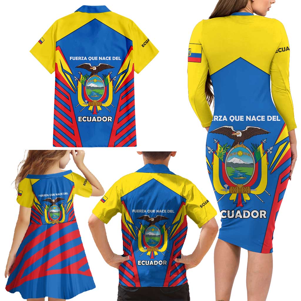 Ecuador Family Matching Long Sleeve Bodycon Dress and Hawaiian Shirt with Coat of Arms and Bold Stripe Design - Wonder Print Shop