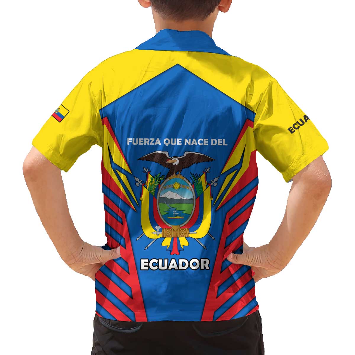 Ecuador Family Matching Off The Shoulder Long Sleeve Dress and Hawaiian Shirt with Coat of Arms and Bold Stripe Design - Wonder Print Shop