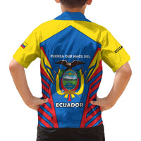 Ecuador Family Matching Off The Shoulder Long Sleeve Dress and Hawaiian Shirt with Coat of Arms and Bold Stripe Design - Wonder Print Shop