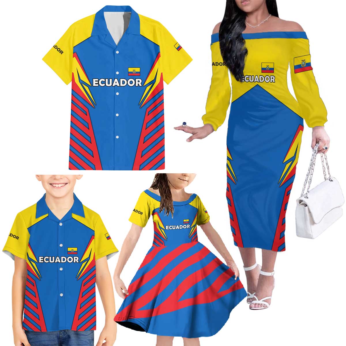 Ecuador Family Matching Off The Shoulder Long Sleeve Dress and Hawaiian Shirt with Coat of Arms and Bold Stripe Design - Wonder Print Shop