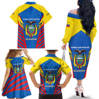 Ecuador Family Matching Off The Shoulder Long Sleeve Dress and Hawaiian Shirt with Coat of Arms and Bold Stripe Design - Wonder Print Shop
