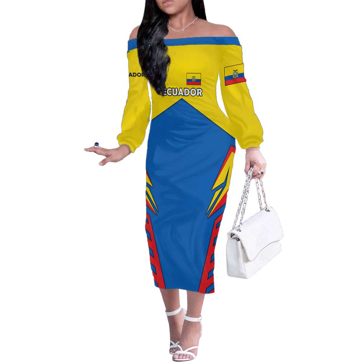 Ecuador Family Matching Off The Shoulder Long Sleeve Dress and Hawaiian Shirt with Coat of Arms and Bold Stripe Design - Wonder Print Shop