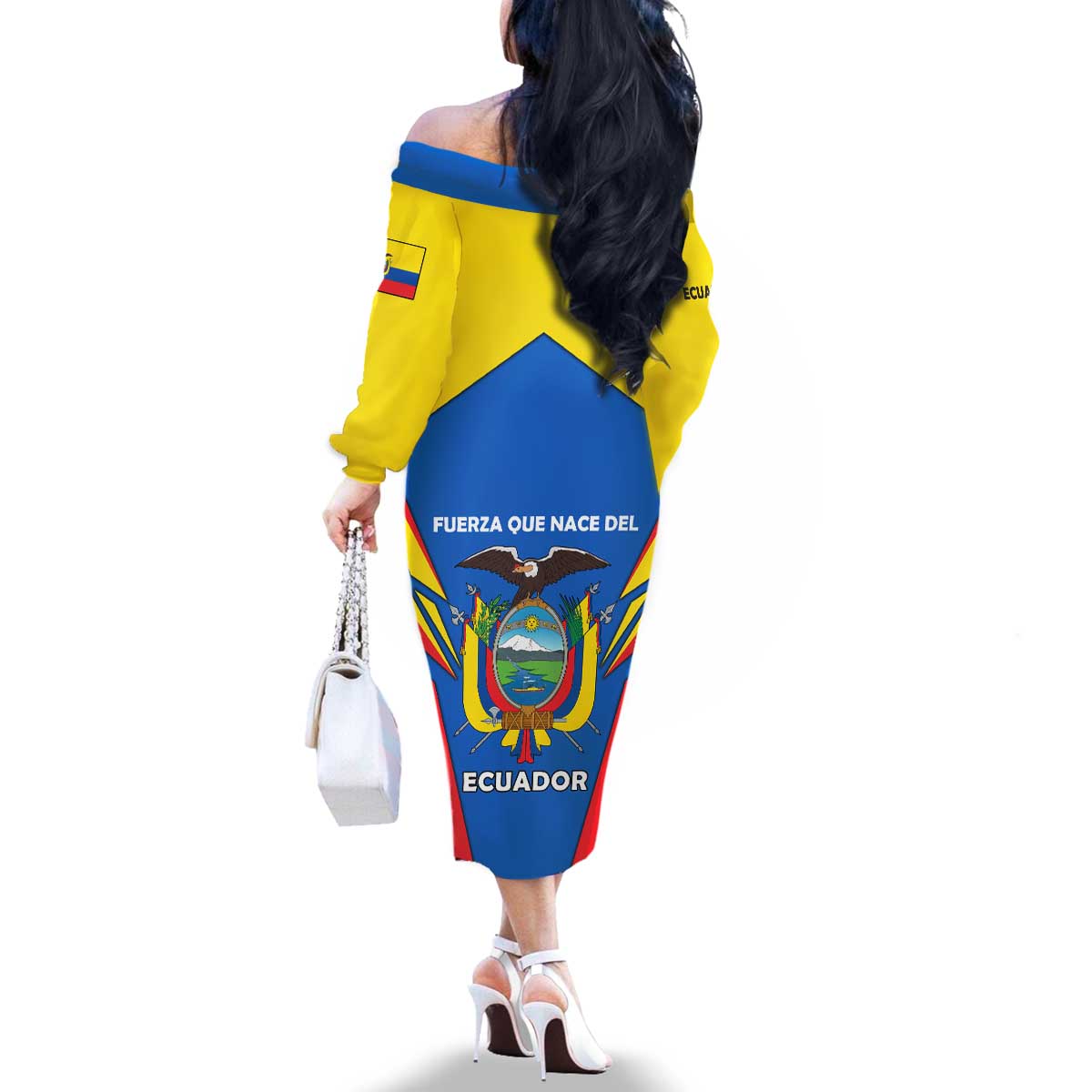 Ecuador Family Matching Off The Shoulder Long Sleeve Dress and Hawaiian Shirt with Coat of Arms and Bold Stripe Design - Wonder Print Shop