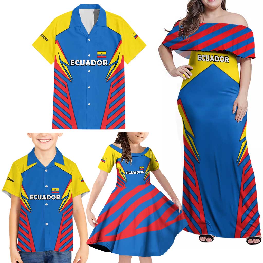 Ecuador Family Matching Off Shoulder Maxi Dress and Hawaiian Shirt with Coat of Arms and Bold Stripe Design - Wonder Print Shop