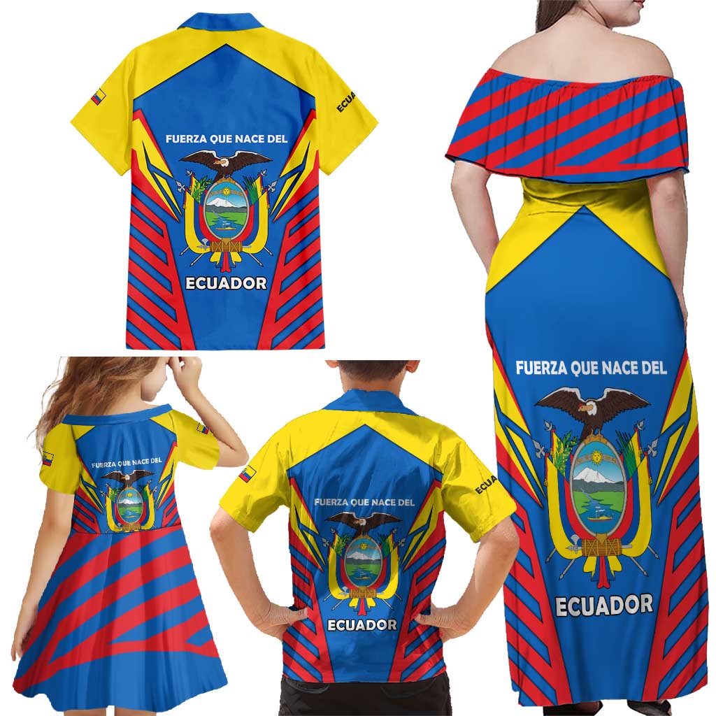 Ecuador Family Matching Off Shoulder Maxi Dress and Hawaiian Shirt with Coat of Arms and Bold Stripe Design - Wonder Print Shop