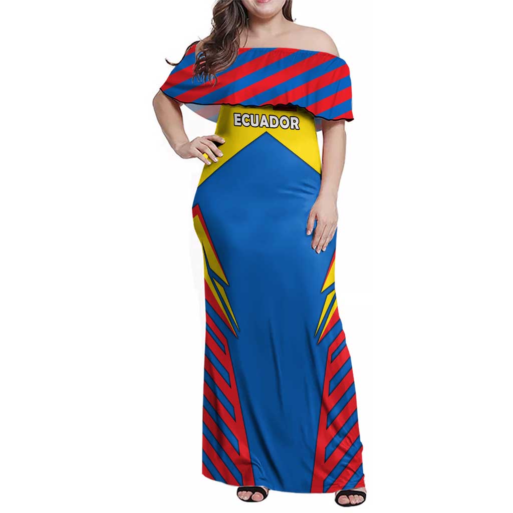 Ecuador Family Matching Off Shoulder Maxi Dress and Hawaiian Shirt with Coat of Arms and Bold Stripe Design - Wonder Print Shop