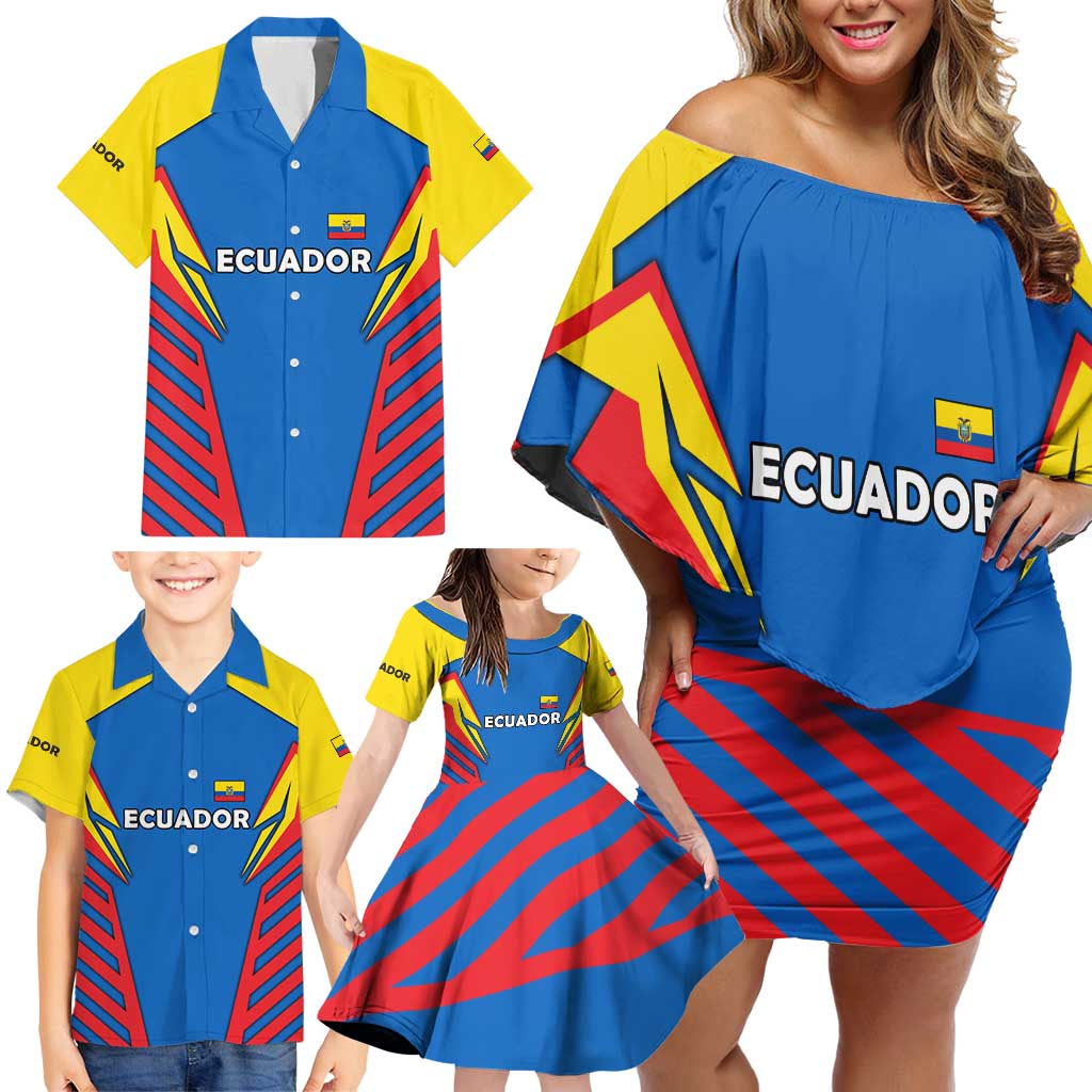 Ecuador Family Matching Off Shoulder Short Dress and Hawaiian Shirt with Coat of Arms and Bold Stripe Design - Wonder Print Shop