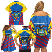 Ecuador Family Matching Off Shoulder Short Dress and Hawaiian Shirt with Coat of Arms and Bold Stripe Design - Wonder Print Shop