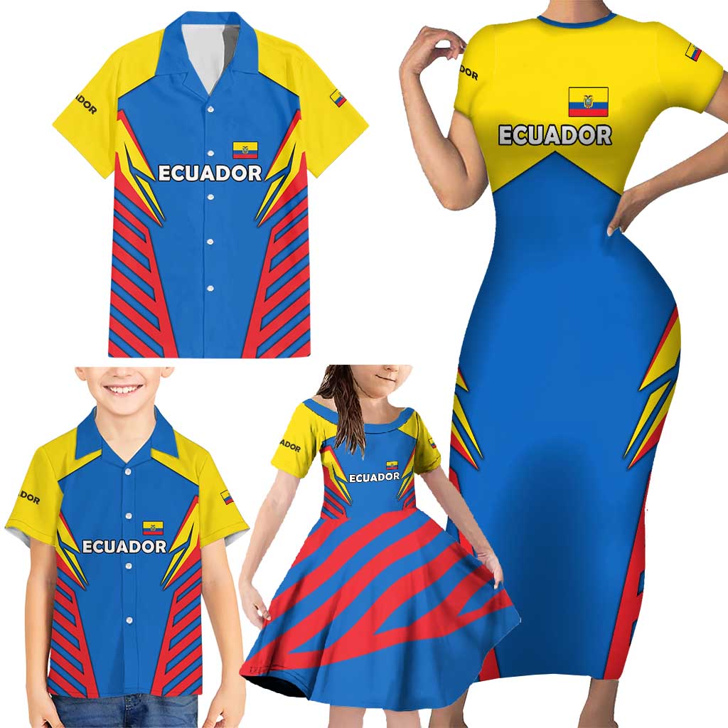 Ecuador Family Matching Short Sleeve Bodycon Dress and Hawaiian Shirt with Coat of Arms and Bold Stripe Design - Wonder Print Shop