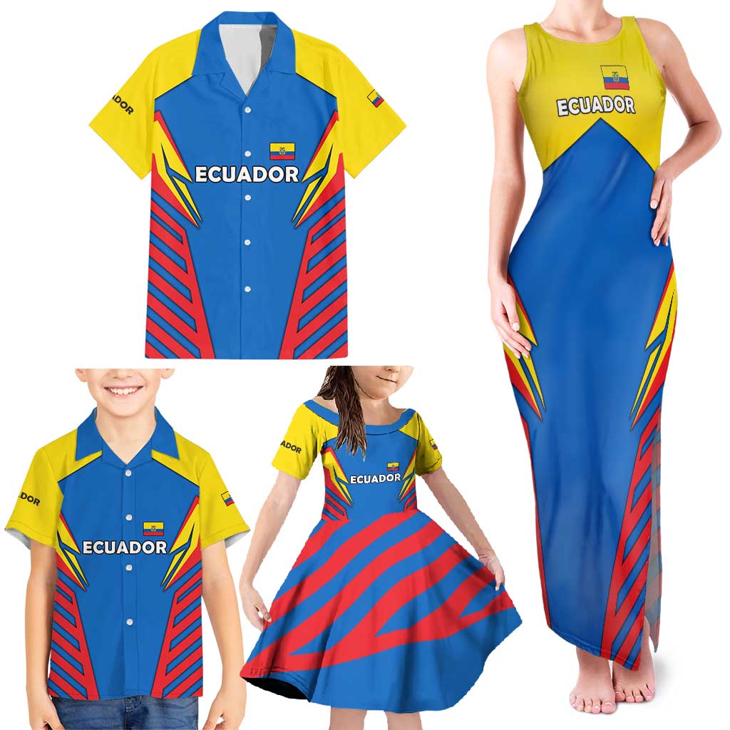Ecuador Family Matching Tank Maxi Dress and Hawaiian Shirt with Coat of Arms and Bold Stripe Design - Wonder Print Shop