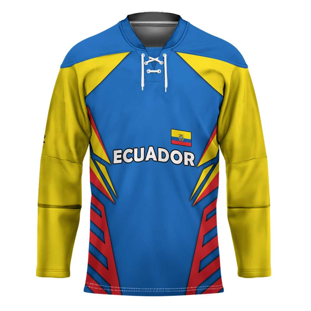 Ecuador Hockey Jersey with Coat of Arms and Bold Stripe Design - Wonder Print Shop