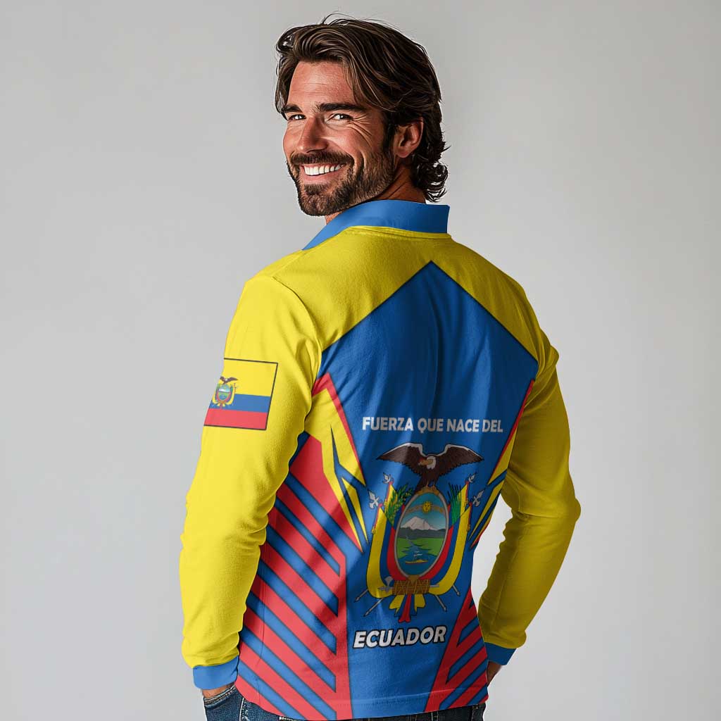Ecuador Long Sleeve Polo Shirt with Coat of Arms and Bold Stripe Design - Wonder Print Shop