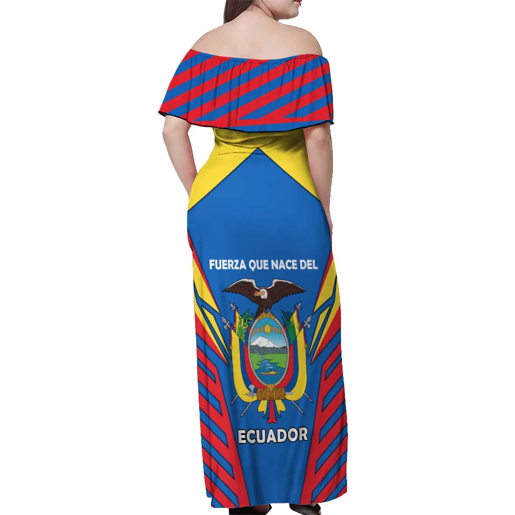Ecuador Off Shoulder Maxi Dress with Coat of Arms and Bold Stripe Design - Wonder Print Shop