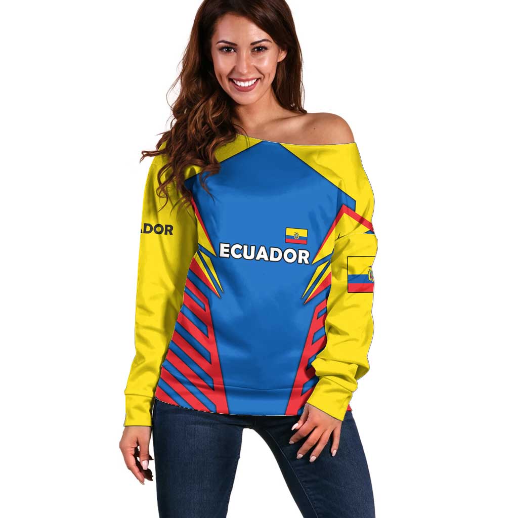 Ecuador Off Shoulder Sweater with Coat of Arms and Bold Stripe Design - Wonder Print Shop