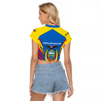 Ecuador Raglan Cropped T Shirt with Coat of Arms and Bold Stripe Design - Wonder Print Shop