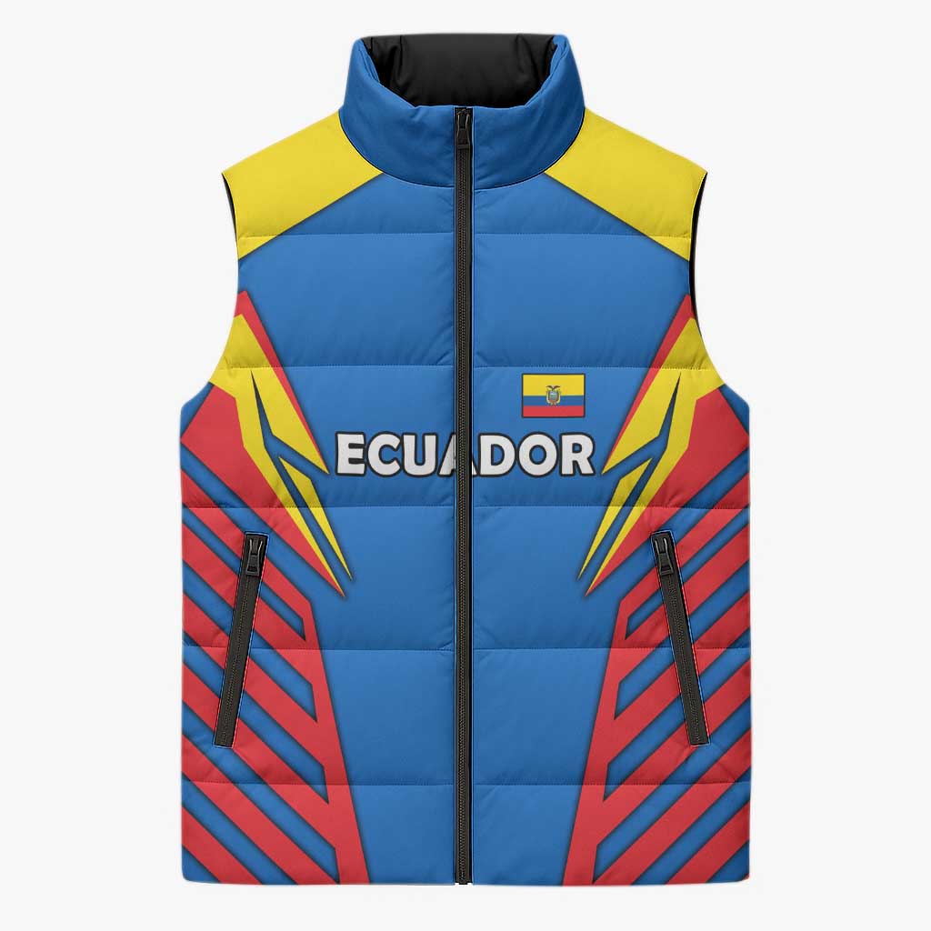 Ecuador Sleeveless Puffer Jacket with Coat of Arms and Bold Stripe Design - Wonder Print Shop